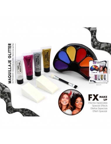 Tradineur - Blíster de maquillaje de Halloween - Incluye: 4 Brillantinas, 6 colores para pintar la cara, 2 esponjas y 1 pincel -