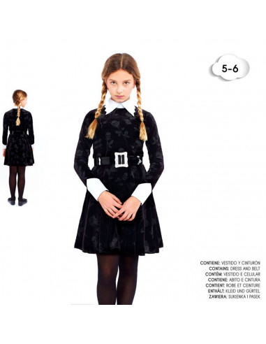 Tradineur - Disfraz infantil de Miércoles Addams, modelo Strange Girl, poliéster, incluye vestido y cinturón, Halloween, carnava