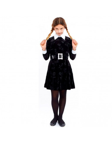 Tradineur - Disfraz infantil de Miércoles Addams, Strange Girl, 100% poliéster, incluye vestido y cinturón, Halloween, carnaval,