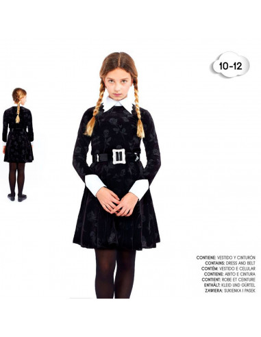 Tradineur - Disfraz infantil de Miércoles Addams, Strange Girl, 100% poliéster, incluye vestido y cinturón, Halloween, carnaval,