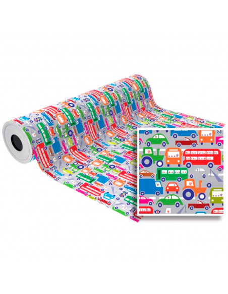 Tradineur - Bobina de papel de regalo, modelo Vehículos, lámina en rollo, hoja para envolver regalos, cumpleaños, Navidad, tiend