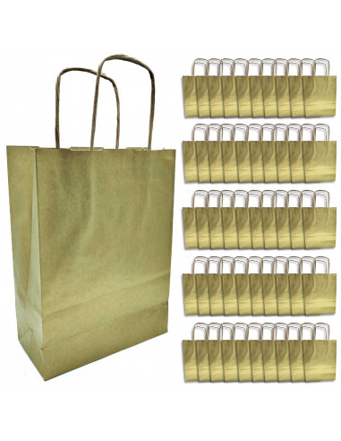 Tradineur - Pack de 50 bolsa Kraft "XS" - Ideal para guardar tus regalos de navidad, fin de años o año nuevo - 18 x 24 cm - Colo