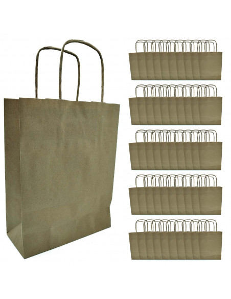 Tradineur - Pack de 50 bolsa Kraft "S" - Ideal para guardar tus regalos de navidad, fin de años o año nuevo - 24 x 32 cm - Color