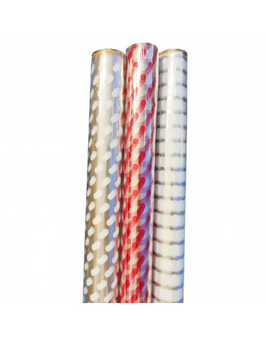 Tradineur - Pack de 3 rollos de envoltorio de regalo, plástico transparente decorado, láminas, hojas para envolver regalos, cump