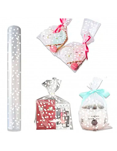 Tradineur - Pack de 3 rollos de envoltorio de regalo, plástico transparente decorado, láminas, hojas para envolver regalos, cump