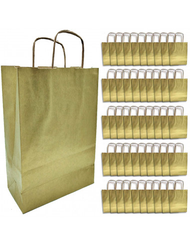 Tradineur - Pack de 50 bolsa Kraft "S" - Ideal para guardar tus regalos de navidad, fin de años o año nuevo - 24 x 32 cm - Color
