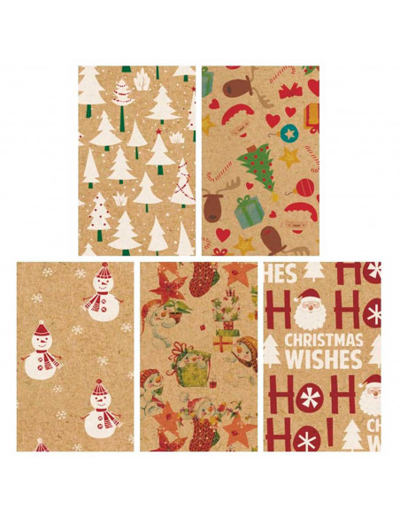 Tradineur - Pack de 5 rollos de papel kraft de regalo, modelo Navidad, láminas, hojas para envolver regalos, cumpleaños, fiestas