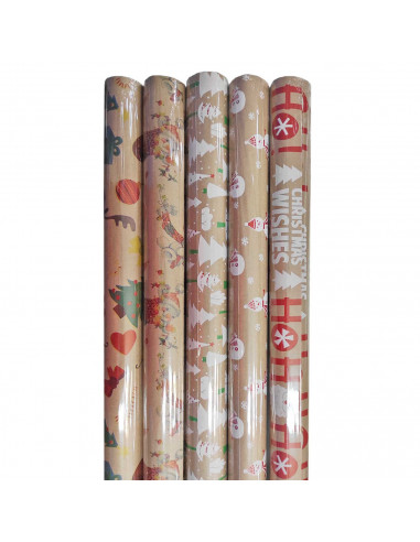 Tradineur - Pack de 5 rollos de papel kraft de regalo, modelo Navidad, láminas, hojas para envolver regalos, cumpleaños, fiestas