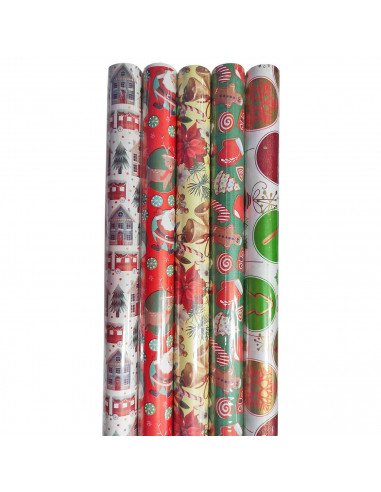 Tradineur - Pack de 5 rollos de papel de regalo, modelo Navidad 16002, láminas, hojas para envolver regalos, cumpleaños, Navidad