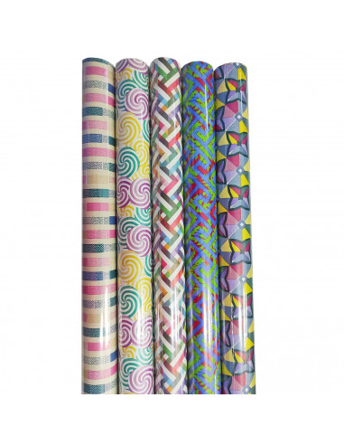 Tradineur - Pack de 5 rollos de papel de regalo, modelo Patrones, láminas, hojas para envolver regalos, cumpleaños, Navidad, 70