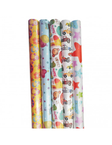 Tradineur - Pack de 5 rollos de papel de regalo, modelo Infantil, láminas, hojas para envolver regalos, cumpleaños, Navidad, 70