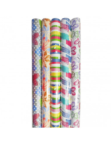 Tradineur - Pack de 5 rollos de papel de regalo, modelo Todo Año, láminas, hojas para envolver regalos, cumpleaños, Navidad, 70