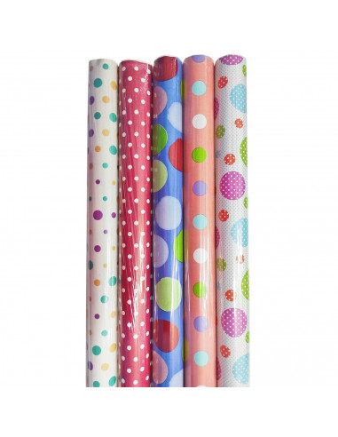 Tradineur - Pack de 5 rollos de papel de regalo, modelo Lunares, láminas, hojas para envolver regalos, cumpleaños, Navidad, 70 x