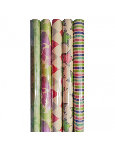 Tradineur - Pack de 5 rollos de papel kraft de regalo, modelo Todo Año, láminas, hojas para envolver regalos, cumpleaños, Navida