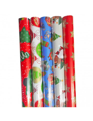 Tradineur - Pack de 5 rollos de papel de regalo, modelo Navidad 15002, láminas, hojas para envolver regalos, cumpleaños, Navidad