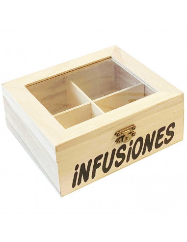 Caja de madera "infusiones" con 4 compartimentos 6.4 x 15.8 x 14 cm. Caja, cofre para decorar con tapa, almacenaje té, café