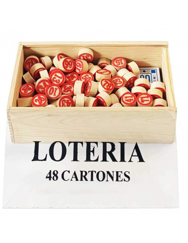 Tradineur - Juego de lotería/bingo de madera, incluye 48 cartones y 90 fichas de números, juego de mesa tradicional, caja y fich