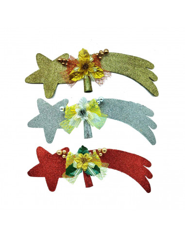 Tradineur - Estrella Cometa con flor para árbol de navidad - Fabricado en plástico - Colores en escarcha - Decoración para tempo