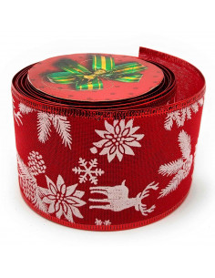 Tradineur - Rollo de cinta de navidad decorada con renos, tela organza, poliéster, decoración árbol Navidad, envolver regalos, m