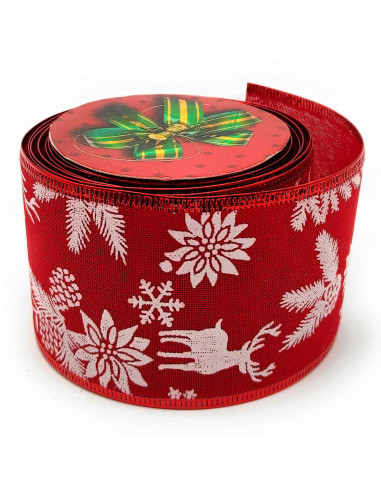 Tradineur - Rollo de cinta de navidad decorada con renos, tela organza, poliéster, decoración árbol Navidad, envolver regalos, m
