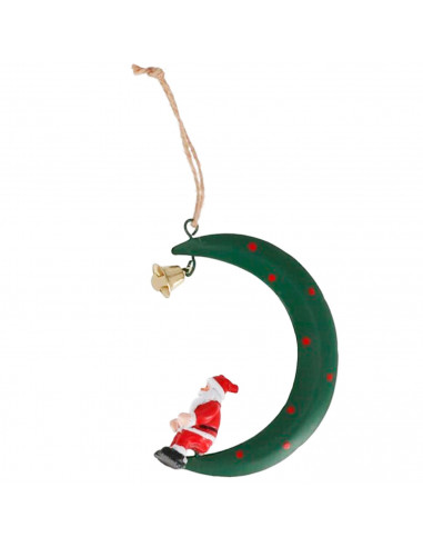 Tradineur - Colgante de luna con campanilla, decoración Navidad, resina y metal, adorno para árbol, chimeneas, hogar, 10 x 8 cm,