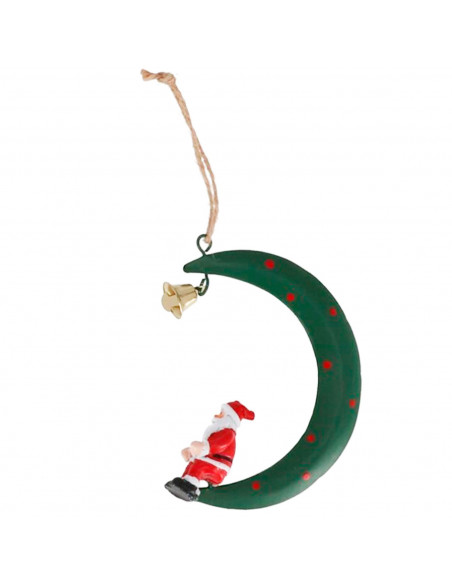 Tradineur - Colgante de luna con campanilla, decoración Navidad, resina y metal, adorno para árbol, chimeneas, hogar, 10 x 8 cm,