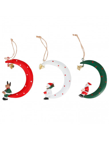 Tradineur - Colgante de luna con campanilla, decoración Navidad, resina y metal, adorno para árbol, chimeneas, hogar, 10 x 8 cm,