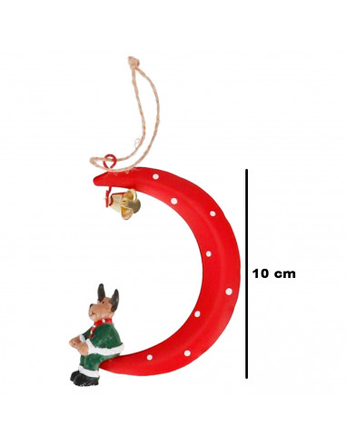 Tradineur - Colgante de luna con campanilla, decoración Navidad, resina y metal, adorno para árbol, chimeneas, hogar, 10 x 8 cm,