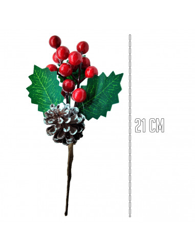 Tradineur - Varas Acebo navideño con piña - Fabricado en Poliéster y Plástico - Decoración para temporada Navideña - 21 cm