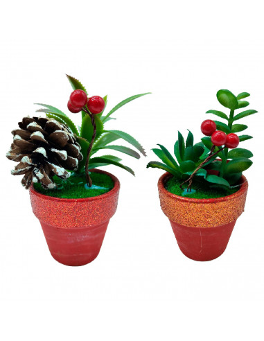 Tradineur - Plantas navideñas artificiales con maceta - Maceta de cerámica - decoración para temporada navideña - Ø 7 x 12 cm -
