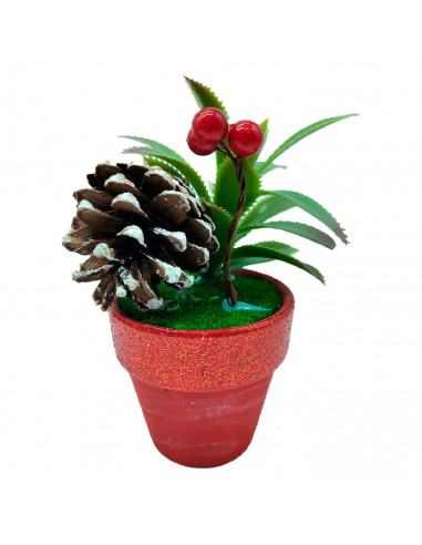 Tradineur - Plantas navideñas artificiales con maceta - Maceta de cerámica - decoración para temporada navideña - Ø 7 x 12 cm -