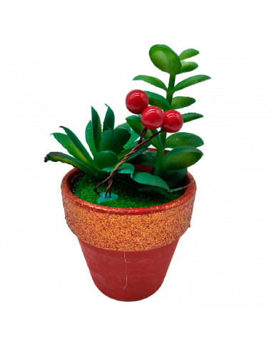 Tradineur - Plantas navideñas artificiales con maceta - Maceta de cerámica - decoración para temporada navideña - Ø 7 x 12 cm -