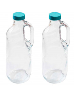Tradineur - Pack de 2 botellas de cristal con asa y tapa de plástico - 1,4 litros - Jarras vidrio 30 x 9 cm para agua caliente/f