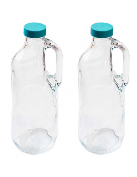 Tradineur - Pack de 2 botellas de cristal con asa y tapa de plástico - 1,4 litros - Jarras vidrio 30 x 9 cm para agua caliente/f Tradineur - Pack de 2 botellas de cristal con asa y tapa de plástico - 1,4 litros - Jarras vidrio 30 x 9 cm para agua caliente/f