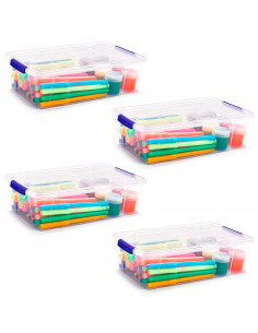 Tradineur - Pack de 4 cajas de almacenaje de plástico transparente, 2 litros, minicajas de ordenación apilables con tapa 7,5 x 2