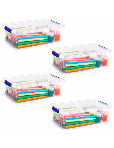 Tradineur - Pack de 4 cajas de almacenaje de plástico transparente, 2 litros, minicajas de ordenación apilables con tapa 7,5 x 2