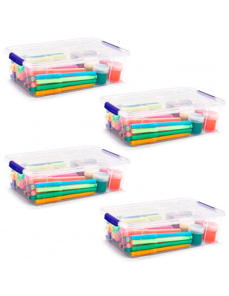 Tradineur - Pack de 4 cajas de almacenaje de plástico transparente, 2 litros, minicajas de ordenación apilables con tapa 7,5 x 2