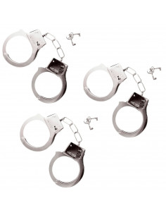 Tradineur - Pack de 3 esposas de metal de juguete, incluyen llaves y botón de seguridad, complemento para disfraces de carnaval,