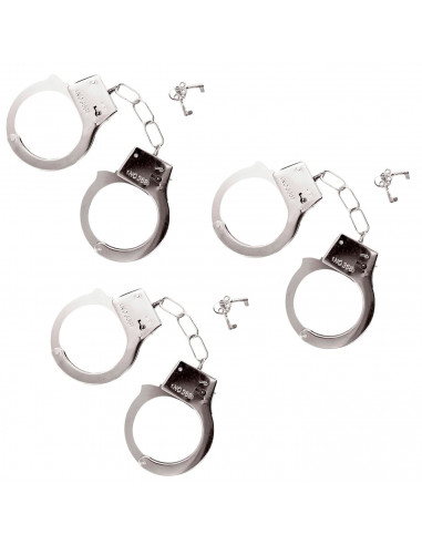 Tradineur - Pack de 3 esposas de metal de juguete, incluyen llaves y botón de seguridad, complemento para disfraces de carnaval,