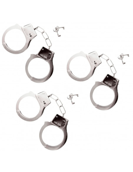 Tradineur - Pack de 3 esposas de metal de juguete, incluyen llaves y botón de seguridad, complemento para disfraces de carnaval, Tradineur - Pack de 3 esposas de metal de juguete, incluyen llaves y botón de seguridad, complemento para disfraces de carnaval,