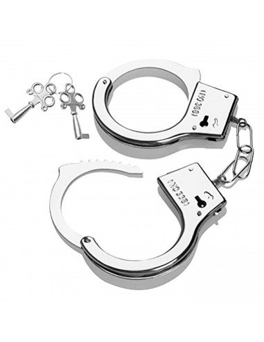 Tradineur - Pack de 3 esposas de metal de juguete, incluyen llaves y botón de seguridad, complemento para disfraces de carnaval,