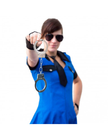 Tradineur - Pack de 3 esposas de metal de juguete, incluyen llaves y botón de seguridad, complemento para disfraces de carnaval,