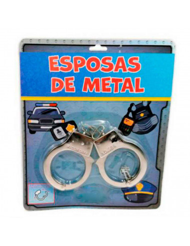 Tradineur - Pack de 3 esposas de metal de juguete, incluyen llaves y botón de seguridad, complemento para disfraces de carnaval,