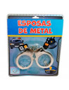 Tradineur - Pack de 3 esposas de metal de juguete, incluyen llaves y botón de seguridad, complemento para disfraces de carnaval,