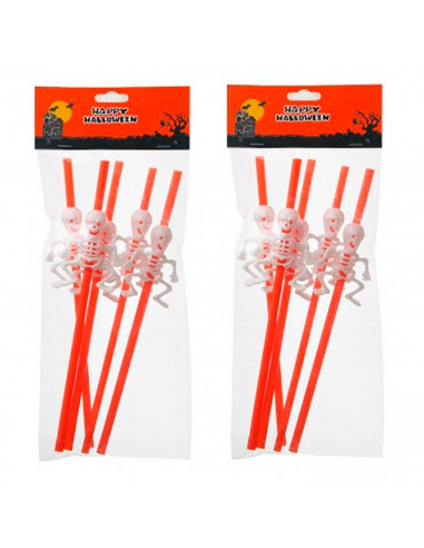 Tradineur - Pack de 10 pajitas de esqueleto, reutilizables, plástico, servir cócteles, bar, decoración de Halloween, carnaval, c