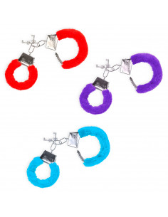 Tradineur - Pack de 3 pares de esposas con pelo, metálicas, incluyen llaves y botón de seguridad, complemento, disfraces, carnav