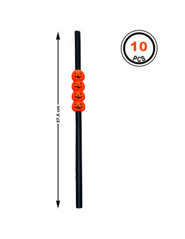 Tradineur - Pack de 10 pajitas de calabaza reutilizables, plástico, servir cócteles, bar, decoración de Halloween, carnaval, crá