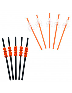 Tradineur - Pack de 5 pajitas de calabaza y 5 pajitas de esqueleto reutilizables, plástico, servir cócteles, bar, decoración de
