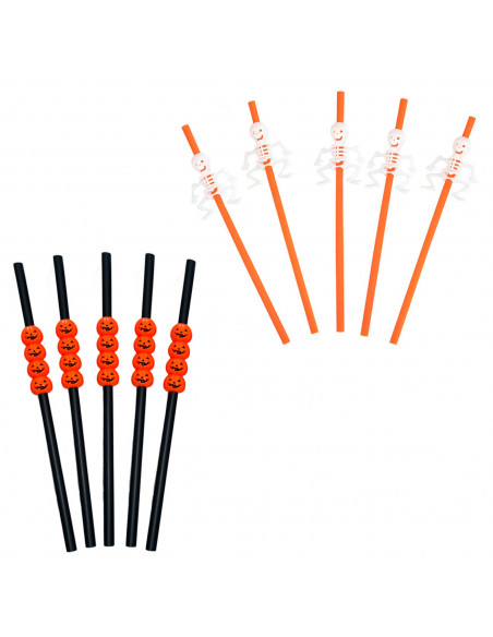 Tradineur - Pack de 5 pajitas de calabaza y 5 pajitas de esqueleto reutilizables, plástico, servir cócteles, bar, decoración de Tradineur - Pack de 5 pajitas de calabaza y 5 pajitas de esqueleto reutilizables, plástico, servir cócteles, bar, decoración de