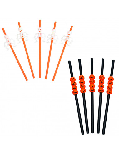 Tradineur - Pack de 5 pajitas de calabaza y 5 pajitas de esqueleto reutilizables, plástico, servir cócteles, bar, decoración de